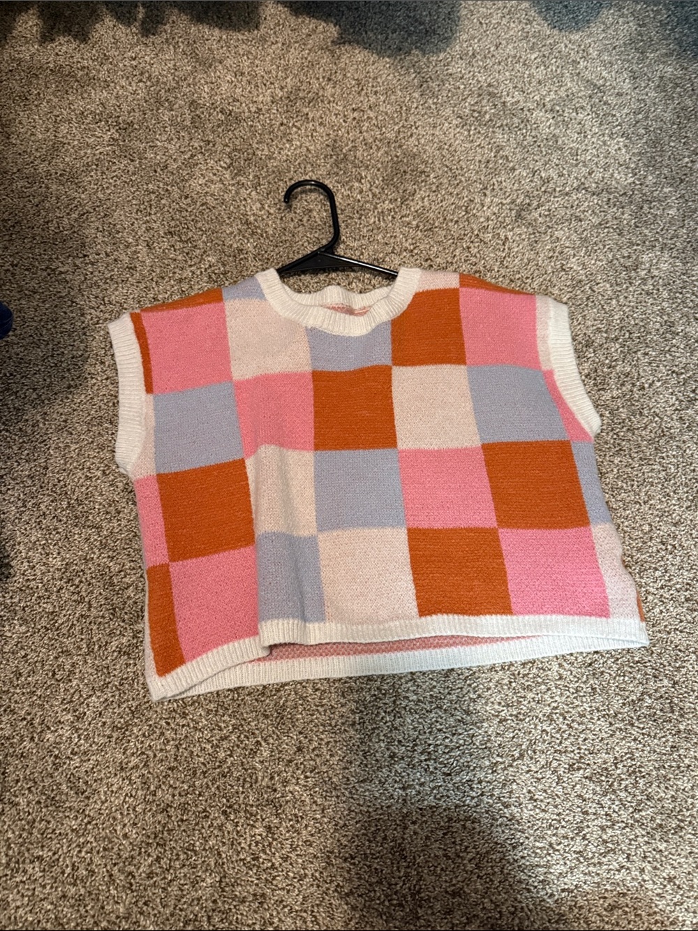 Checker Knit Sweater Vest in Pink, Rust & Light Blue